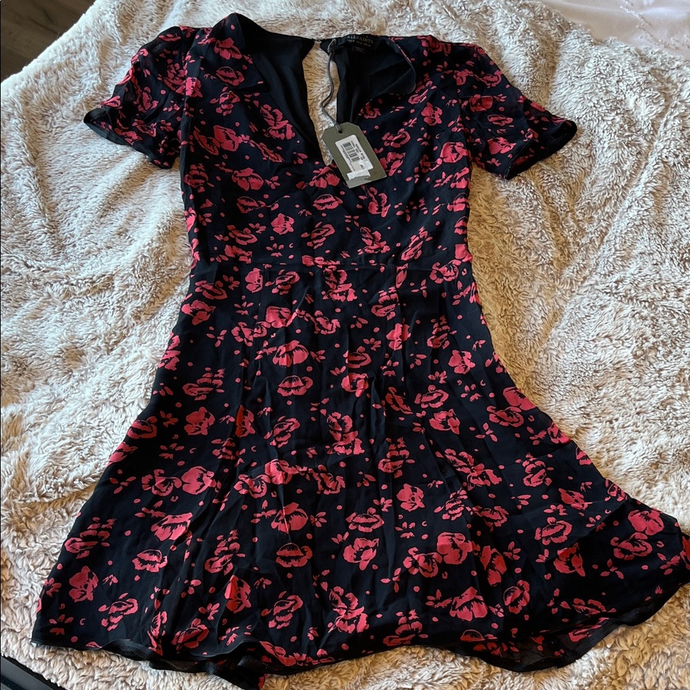 All Saints Black Mini Dress with Red Floral Design